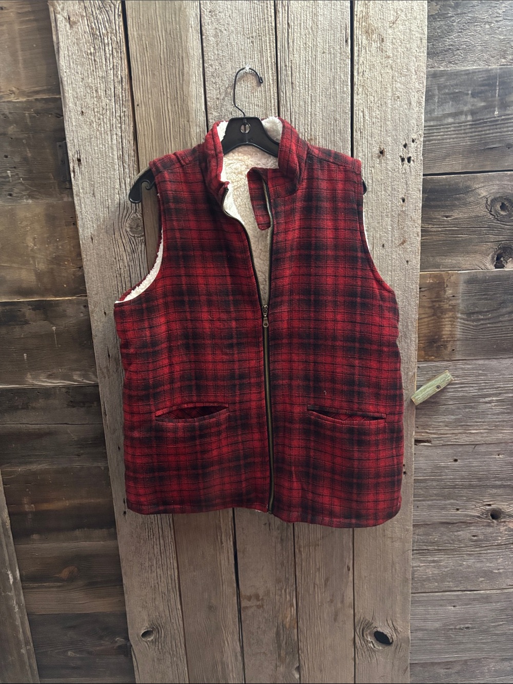Maurices Red and Cream Plaid Sherpa-Lined Vest